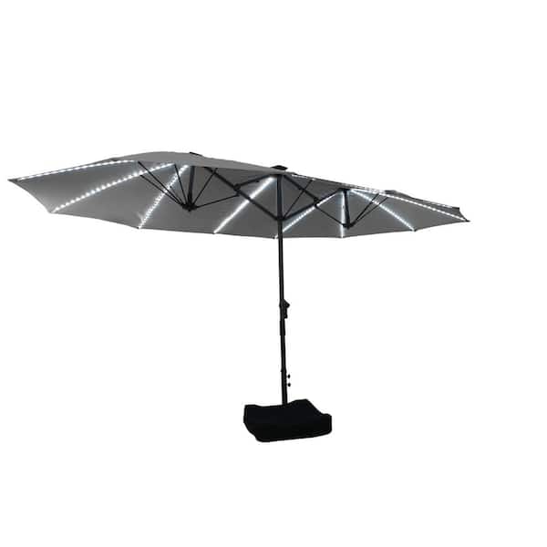 Mondawe 15 ft. Double Side Outdoor Patio Market Umbrella in Gray with Fiberglass Rib, 360° Illumination, Base for Yard