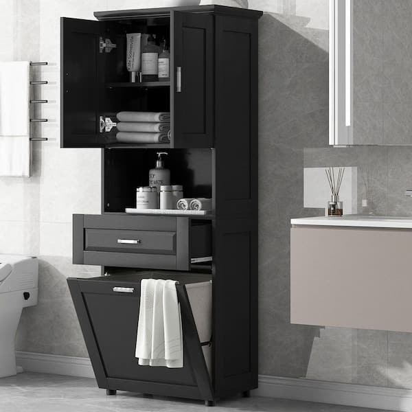 Harper & Bright Designs Black 69.92 in. H Accent Storage Cabinet with Adjustable Shelves, Drawer, Laundry Basket