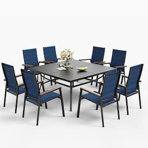Black 9-Piece Metal Outdoor Patio Dining Set with Square Table and Stackable Aluminum Chairs