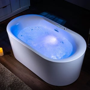 59 in. Acrylic Flatbottom Freestanding Whirlpool and Air with Inline Heater Bathtub,Drain and Overflow Included in White