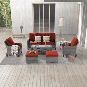 7-Piece Gray Wicker Patio Outdoor Conversation Set with Coffee Table, Rust Red Cushions