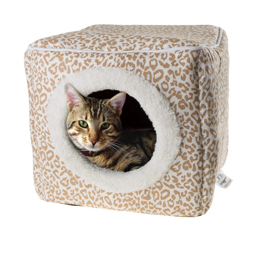 Small Tan and White Animal Print Orthopedic Pet Cave