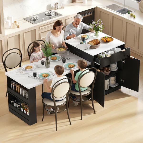 Rustic Black Wood 82.6 in. Power Outlet Kitchen Island Extendable Dining Table with Double-Sized Storage and 2-Drawer