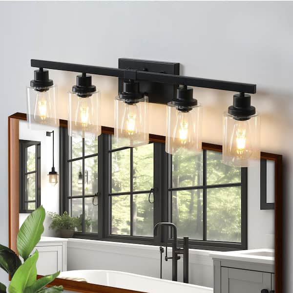 31 in. 5 Light Black Vanity Light Fixture Modern Iron Metal Bathroom Over Mirror Wall Lights with Clear Glass Shade