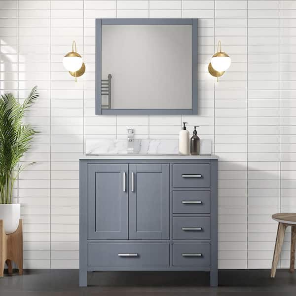 Lexora Jacques 36 in. W x 22 in. D Left Offset Dark Grey Bath Vanity without Top and 34 in. Mirror