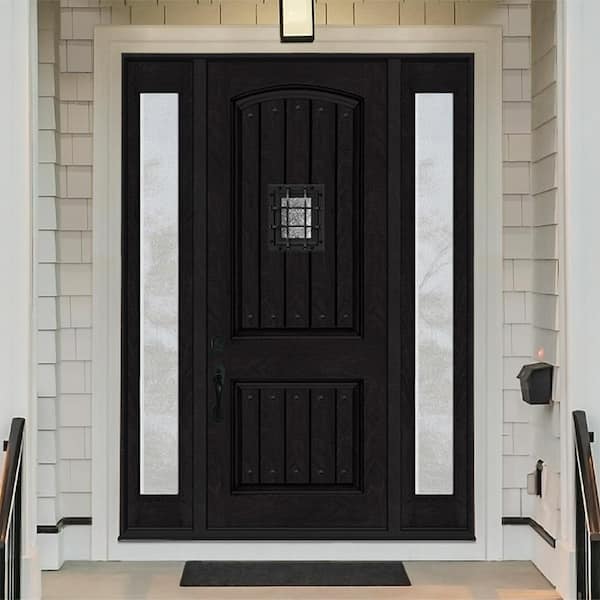 Regency 68 in. x 96 in. 2P Plank Cavalier Speakeasy RHIS Onyx Stain Fiberglass Prehung Front Door w/Dbl 14in. Rain SL