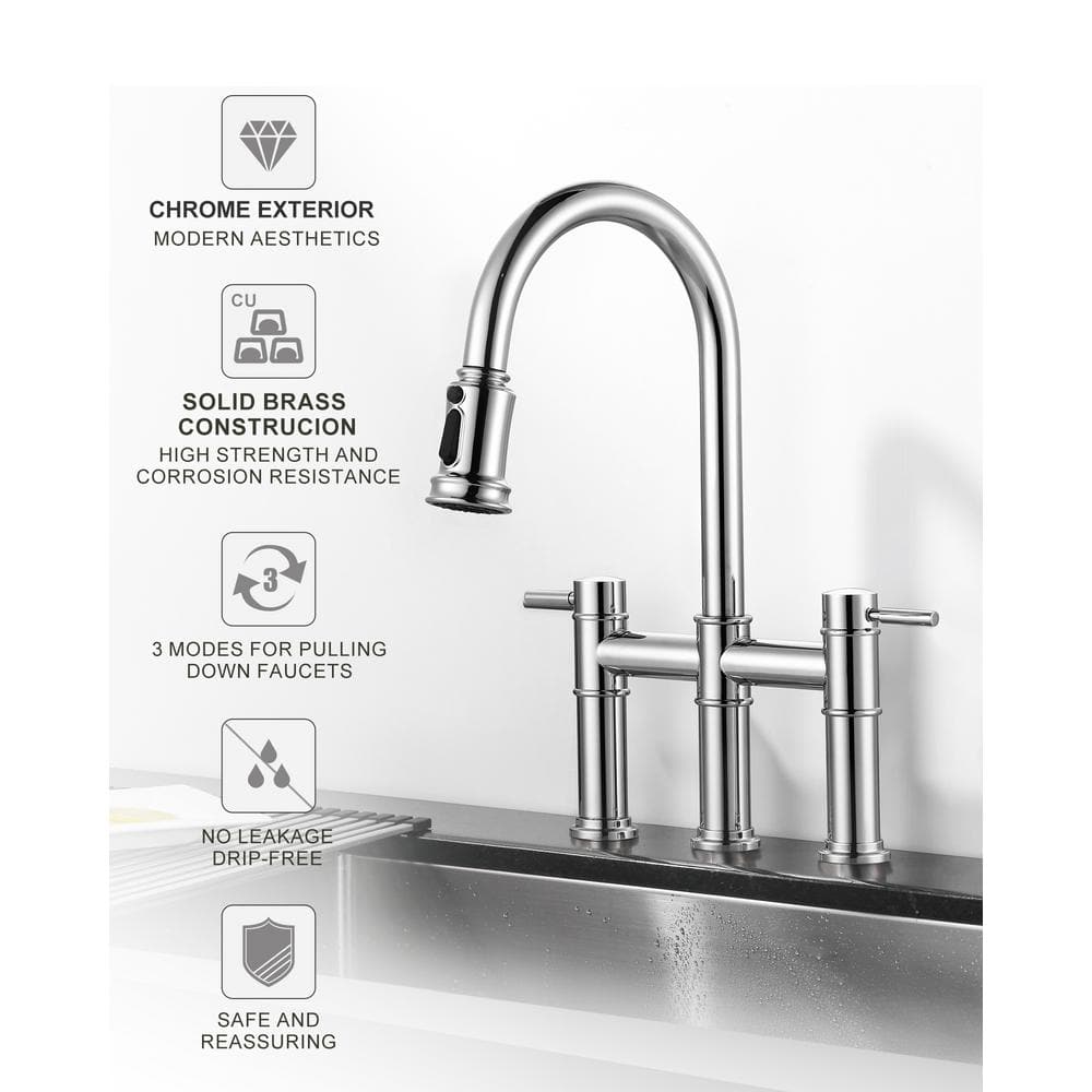 Polished Chrome Double Handle Bridge Kitchen Faucet with Pull Down Sprayer