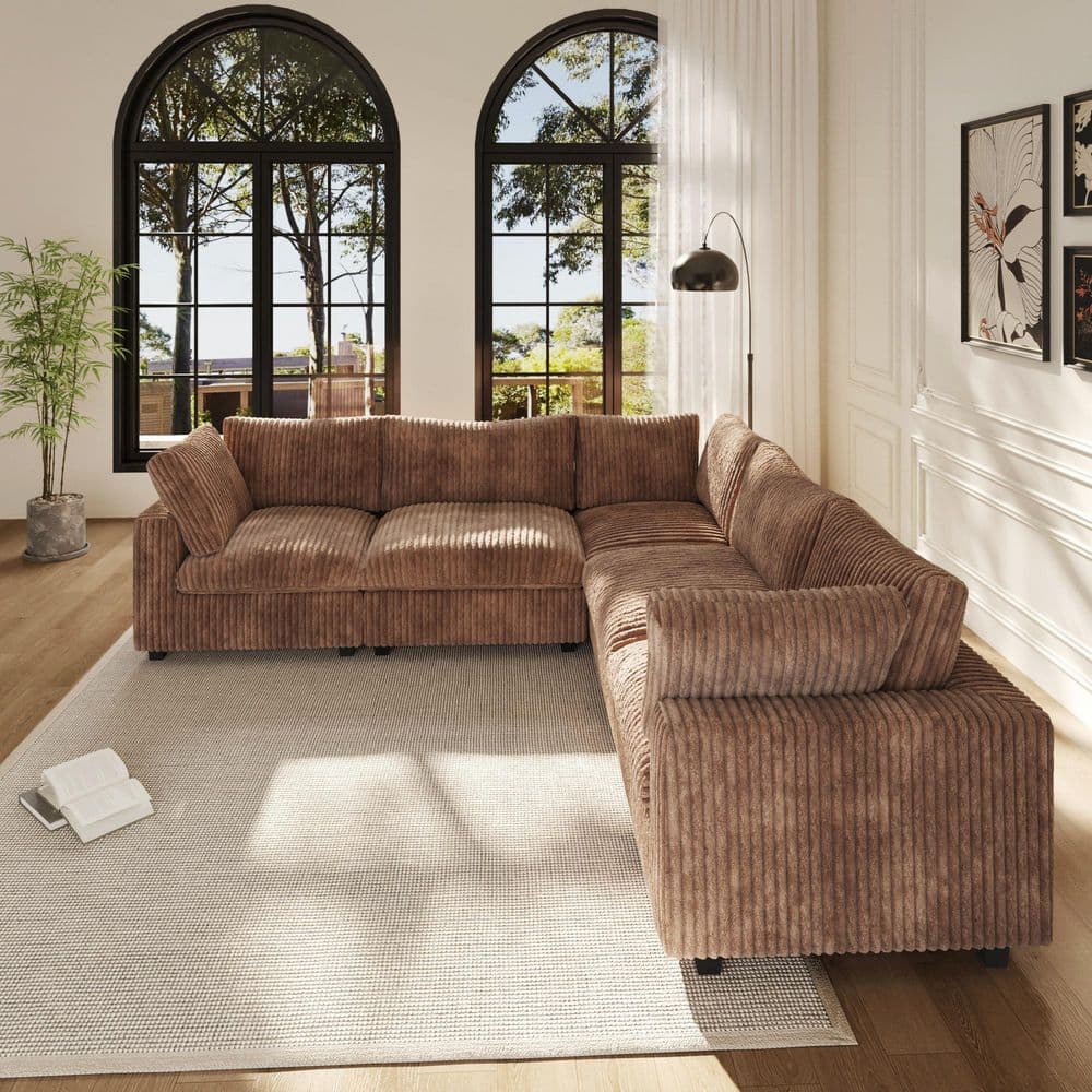 118.1 in. Square Arm Oversized Faux Rabbit Fur Fabric 5-Piece Free Combination Modular Sectional Sofa in Brown