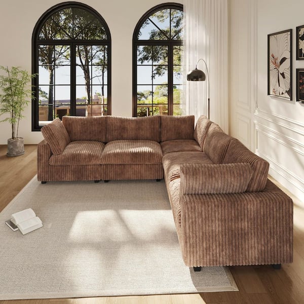 J&E Home 118.1 in. Square Arm Oversized Faux Rabbit Fur Fabric 5-Piece Free Combination Modular Sectional Sofa in Brown