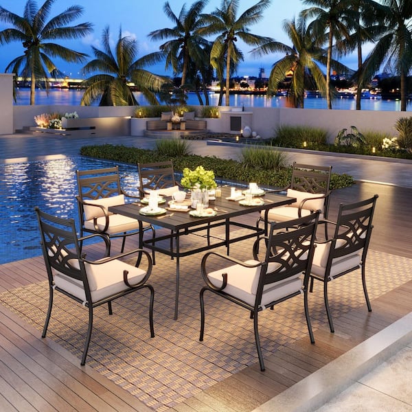 PHI VILLA 7-Piece Metal Patio Outdoor Dining Set with Slat Table and Stationary Chair with Beige Cushions