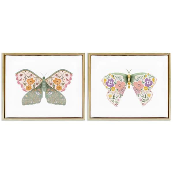 Stupell Industries Folk Florals Butterflies by Kim Allen 2-Pieces Gold Floater Frame Animal Graphic Art Print 25 in. x 31 in.