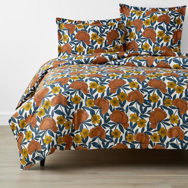 Orange Duvet Covers Botanist Floral 100% Cotton Sateen Quilt Cover Bedding Sets 