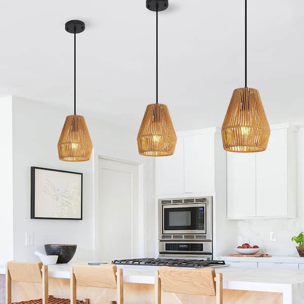 3-Light Burlywood Chandelier with Iron and Hemp Rope Pendant Natural Style Decorative Accents Bulb Not Included