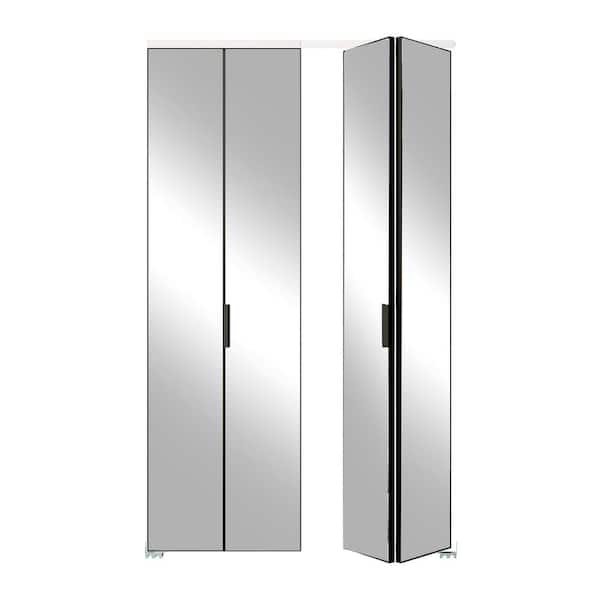 48 in. x 80 in., Mirrored Glass, Black, Hollow Core, MDF, Aluminum Frame, Full Lite Bi-Fold Doors with Hardware Kits