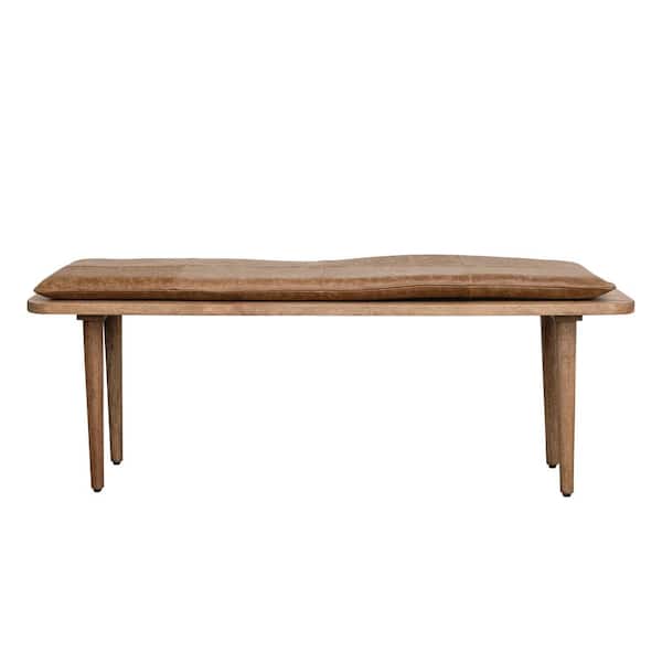 Storied Home Modern Rustic Natural & Brown Dining Bench Backless with Leather Cushion 55 in. .