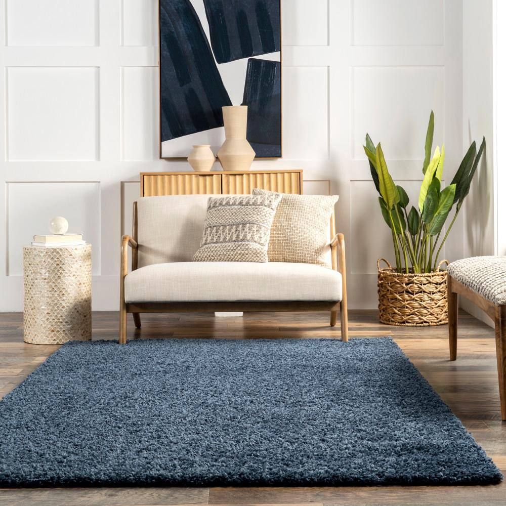 Blue 9' x 12' Solid Shag Synthetic Area Rug