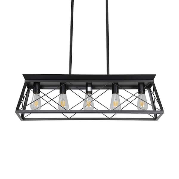 32 in. 5-Light Black Farmhouse Linear Chandelier with Caged Metal Shade for Dining Room, Kitchen, Living Room