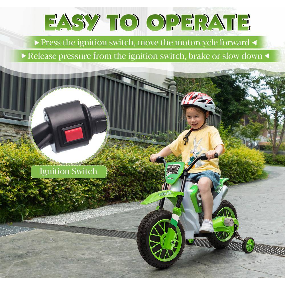 Green 12V Battery-Powered Kids Motorcycle with Training Wheels