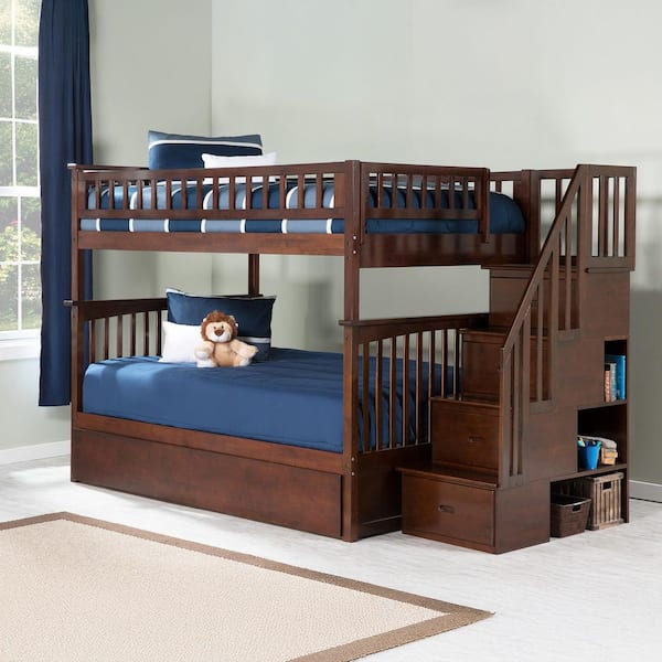 Columbia Staircase Bunk Bed Full over Full with Full Size Urban Trundle Bed in Walnut