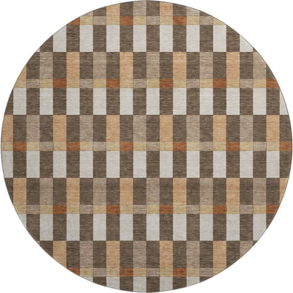 Mayfield Premium Machine Washable Abstract AMF2548 Chocolate 8 ft. x 8 ft. Round Rug