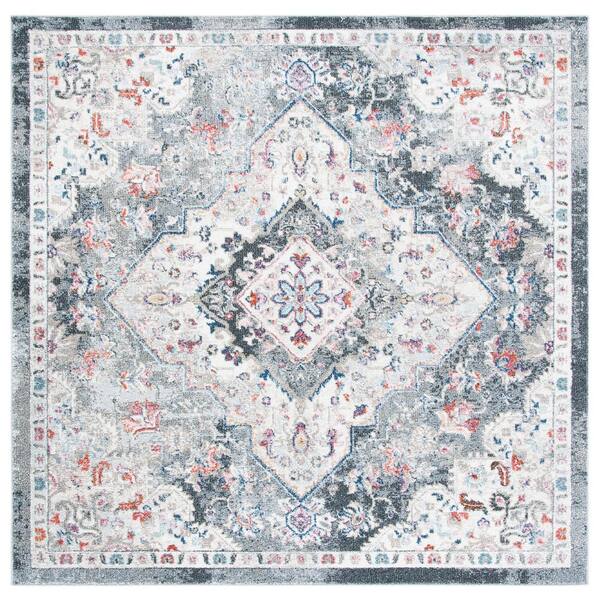 Phoenix 7 ft. x 7 ft. Ivory/Gray Distressed Medallion Floral Square Area Rug