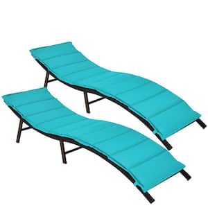 Wicker Outdoor Lounge Chair Chaise Folding with Turquoise Cushions (2-Pack)