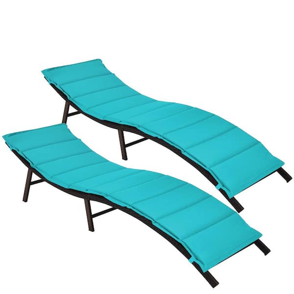 HONEY JOY Wicker Outdoor Lounge Chair Chaise Folding with Turquoise Cushions (2-Pack)