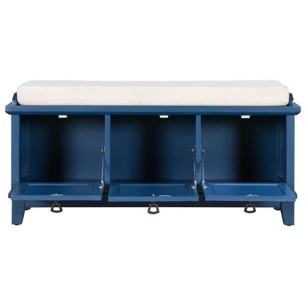 ATHMILE Blue Storage Bench with Beige Cushion（42.9 in. L x 15 in. W x 19.3 in. H）