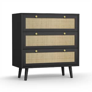 3-Drawer Black Chest of Drawers with Pine Wood Legs Farmhouse Rattan Dresser (31.5 in. W x 36 in. H x 15.7 in. D)