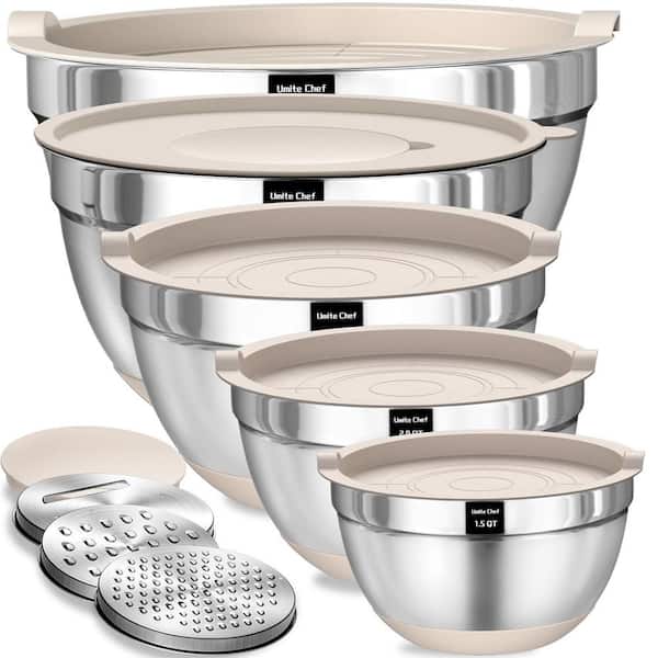 Chef Essential 8-Piece Stainless Steel Khaki Mixing Bowl Set with 3 Grater Attachments Non-Slip Silicone Bottoms, Silver