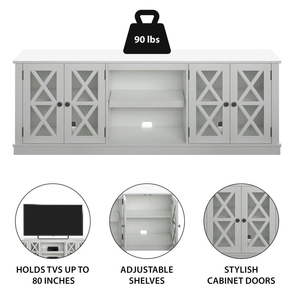 White Farmhouse TV Stand with Cabinets for 80" TVs