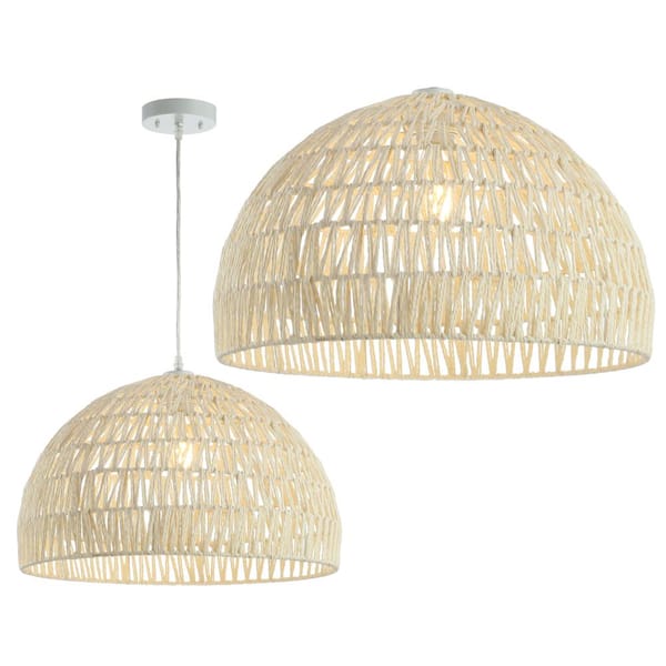 Campana 20 in. Woven Rattan Dome LED Pendant-Light, Cream