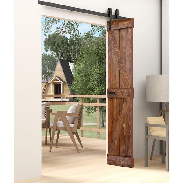 ISLIFE K Style 30 in. x 84 in. Classic Walnut Finished Solid Wood Bi-Fold Barn Door With Hardware Kit -Assembly Needed