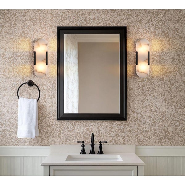 14 in. 2-Lights Black Wall Sconce, Natural Alabaster Modern Wall Light for Bedroom, Bathroom, Living Room (Set of 2)