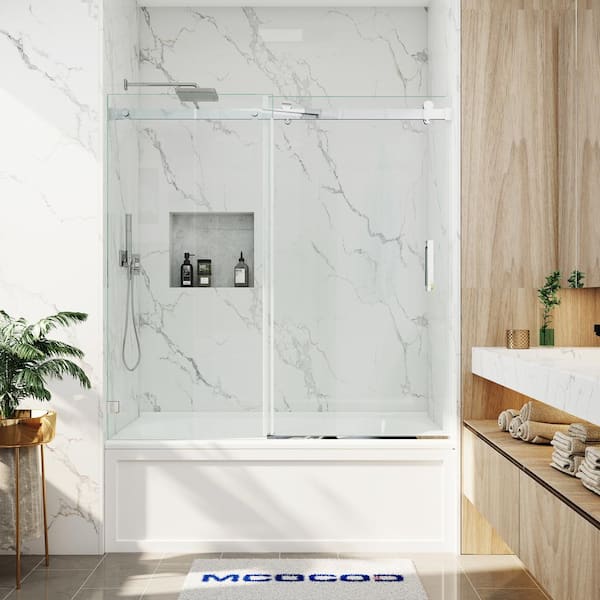 MCOCOD 56-60.5 in. W x 66 in. H Single Sliding Frameless Soft Close Tub Door in Chrome with 3/8 in. Clear Glass