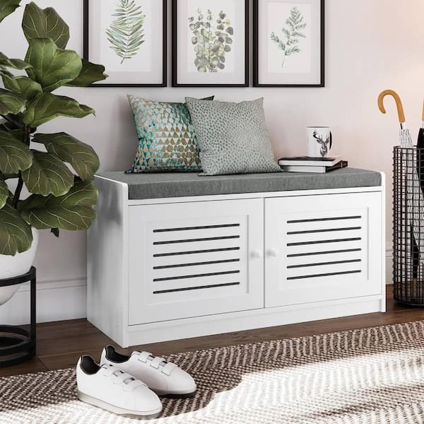 STURDIS White Dining Bench with Storage and Adjustable Shelves 13.78 in . (2-Pack)