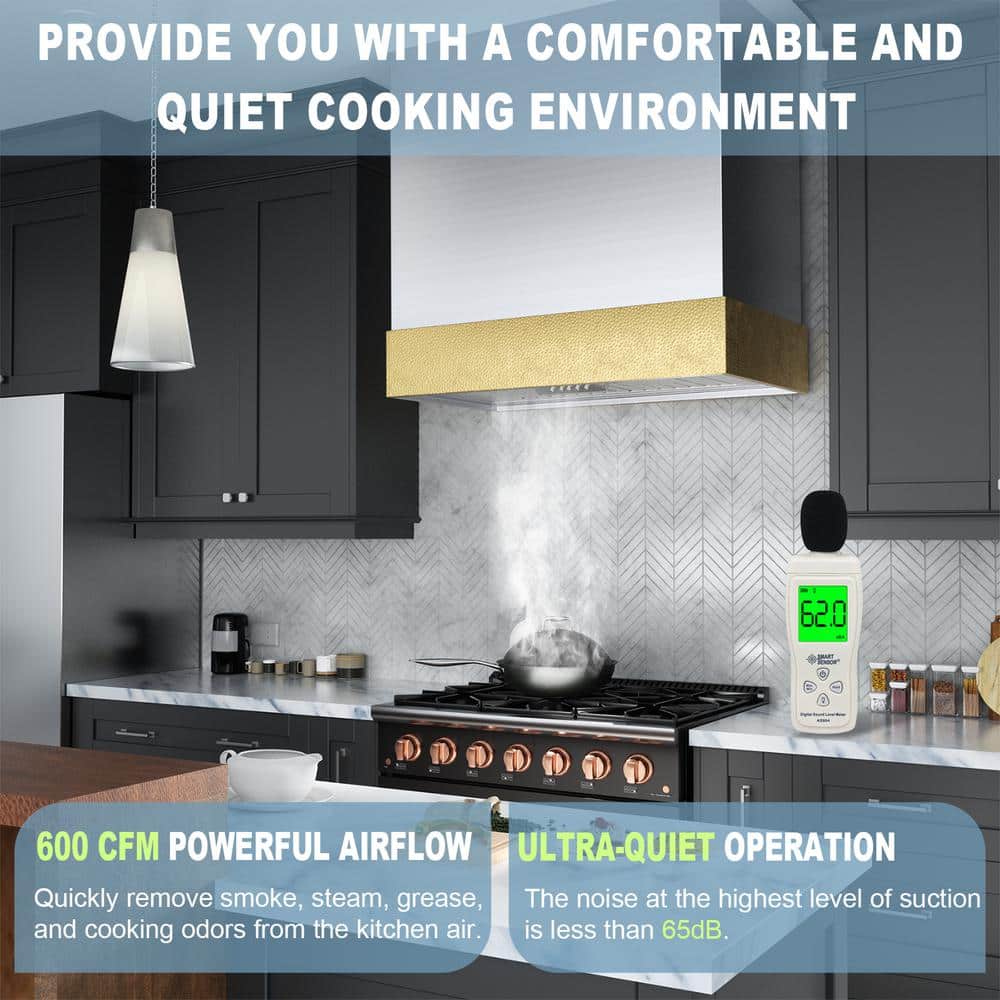 30-Inch Brushed Stainless Steel and Gold Wall Mounted Range Hood