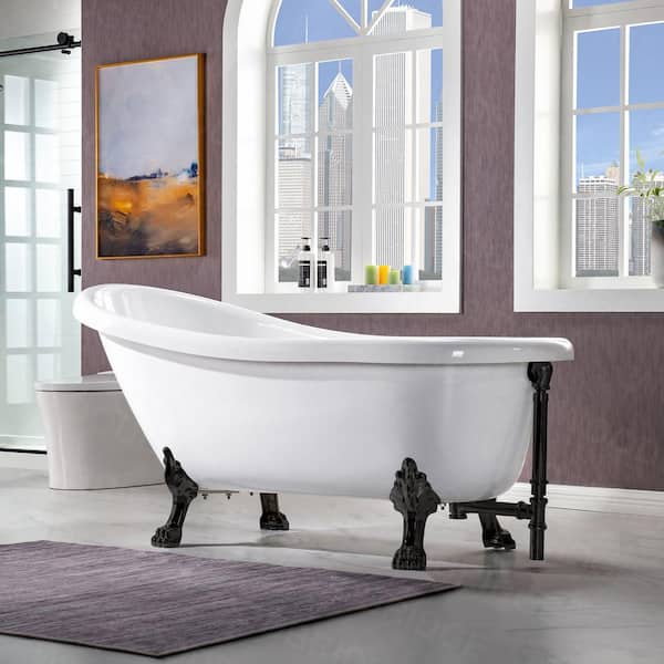 Dover 54 in. Heavy Duty Acrylic Slipper Clawfoot Bath Tub in White Faucet,  Claw Feet, Drain & Overflow in Polished Gold