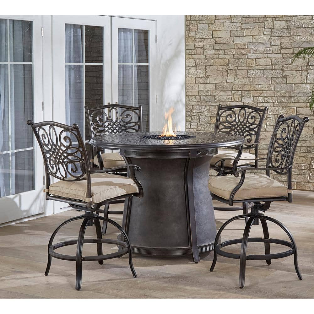 Hanover Traditions 5 Piece Aluminum Bar Height Round Outdoor Fire Pit Dining Set With Tan Cushions Trad5pcfprd Br The Home Depot