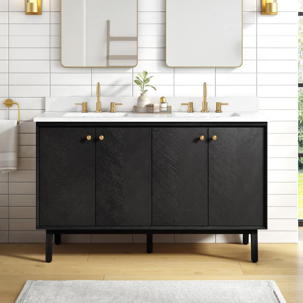 Adele 61 in. Double Sink Black Oak Bath Vanity with White Engineered Stone Top price history on PriceWatchPro