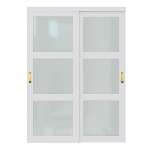 EH PUERTA 60 in. x 80 in. 3 Lite Tempered Frosted Glass Closet Sliding Door with Hardware and No Grooving Handles