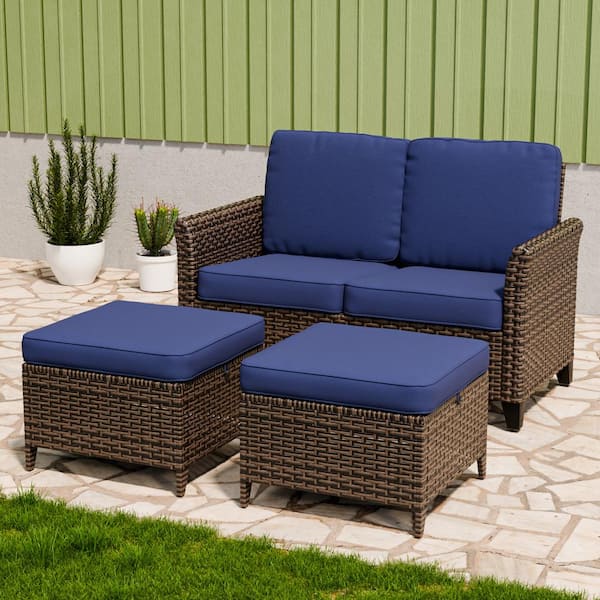 3-Piece Mix Brown Wicker Patio Conversation Set Wide Armrest Loveseat Set with Blue Cushions, Ottomans