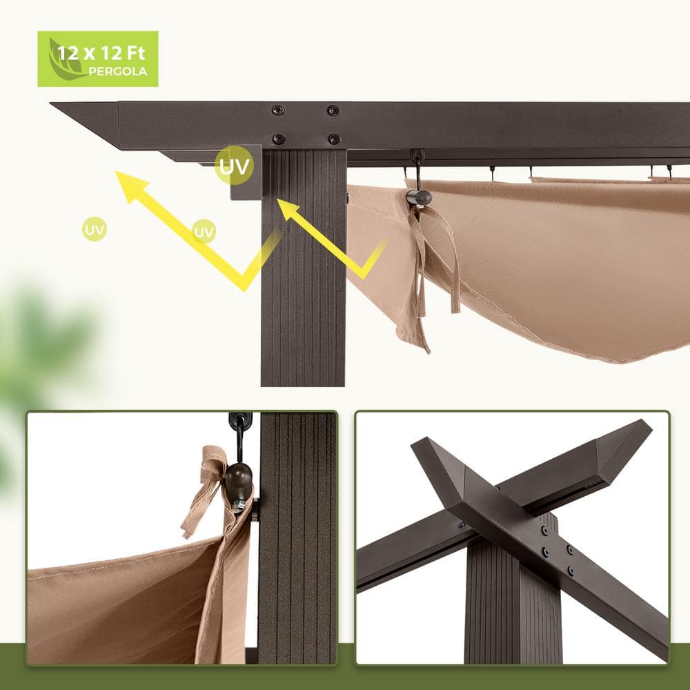 12 ft. x 12 ft. Aluminum Pergola with Brown Retractable Canopy