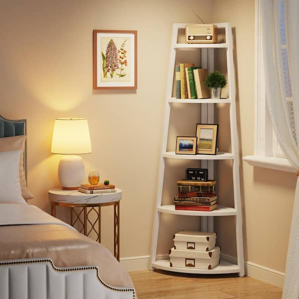 Eulas 70 in. Tall White MDF 5 Shelf Corner Ladder Shelf Bookcase with Metal Frame for Living Room Kitchen Home Office
