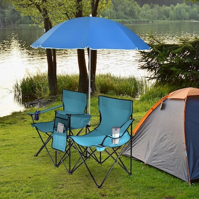 Portable Folding Blue Farbic Picnic Double Chair with Umbrella Table Cooler Beach Camping