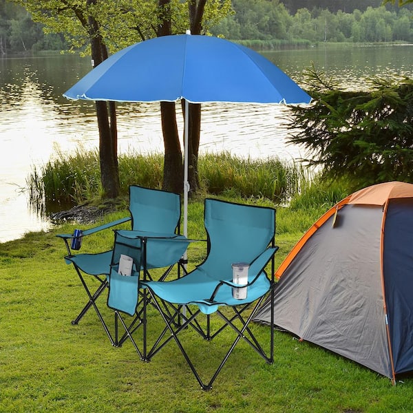 Portable Folding Blue Farbic Picnic Double Chair with Umbrella Table Cooler Beach Camping