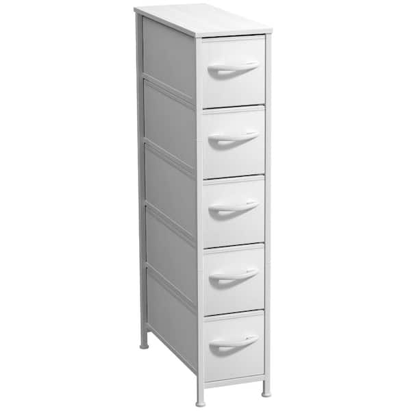 5 Drawer White Dresser Steel Frame Wood Top Easy Pull Fabric Bins 16.5 in. L x 7.85 in. W x 36.15 in. H
