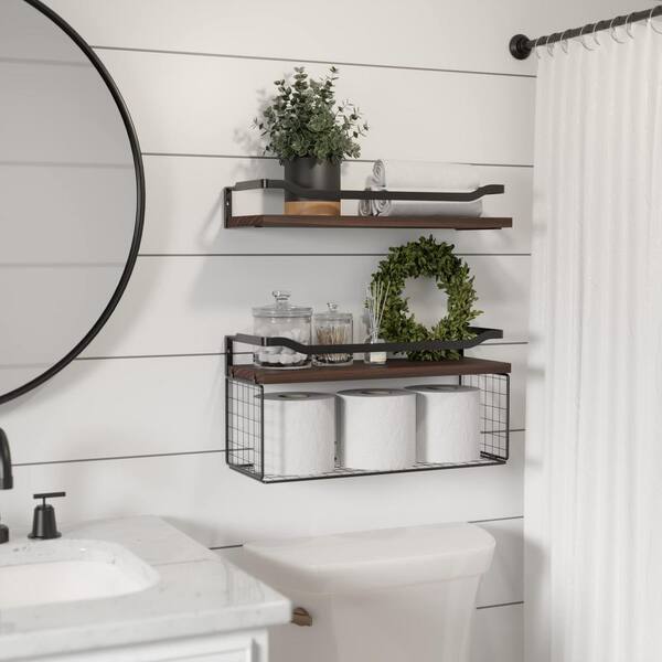 15.7 in. W x 6.7 in. D Brown Wood Bathroom Shelves Over Toilet Floating Farmhouse Set of 2 Decorative Wall Shelf