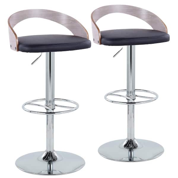 Lumisource Grotto 32.25 in. Black Faux Leather, Lt. Grey Wood, and Chrome Metal Adjustable Bar Stool with Wheel Footrest (Set of 2)