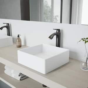 Matte Stone Dianthus Composite Square Vessel Bathroom Sink in White with Linus Faucet and Pop-Up Drain in Antique Bronze